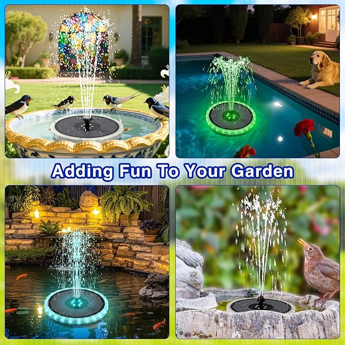 SZMP Solar Fountain, 4W Solar Powered Bird Bath Fountains with 4000 Battery, Color LED Lights, Outdoor Water Feature Fountain Pump with 7 Nozzle and 4 Fixers for Garden, Patio, Pond, and Pool