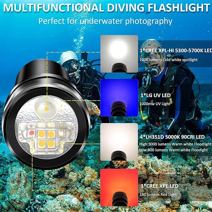Wurkkos DL07 Diving Flashlight Rechargeable Scuba Dive Light, 3000 Lumens Dive Lights, IPX8 Waterproof, 135 ° Beam Angle Underwater Flashlight High 90 CRI Dive Video Photography Light with Ball Joint