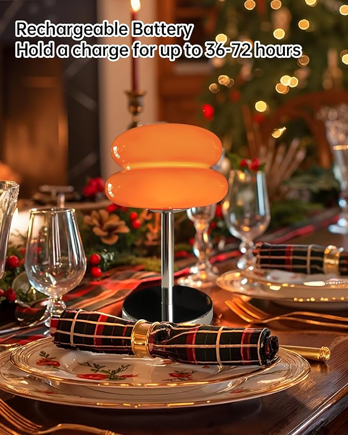 Mushroom Table Lamp for Bedroom, Cordless Mid Century Modern Lamp, Cute Egg Tart Small Night Light, 6000mAh Rechargeable Table Light for Living Room Nightstand Home Mushroom Decor Aesthetic (Orange)