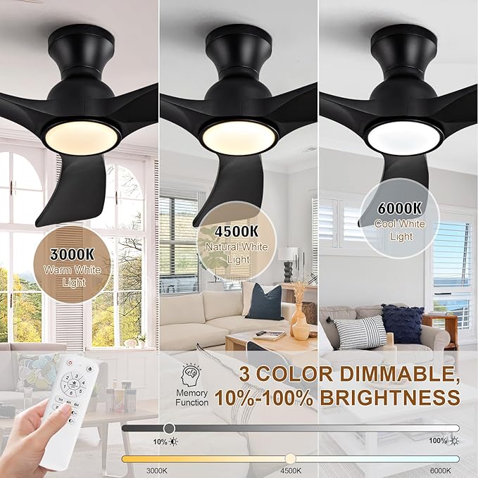 Black Ceiling Fans with Lights Flush Mount,42 inch Solid Wood,Remote Control,Wall Switch,Dimmable,Reversible,Noiseless,Power Off Memory Modern Ceiling Fan Low Profile for Bedroom Indoor/Outdoor