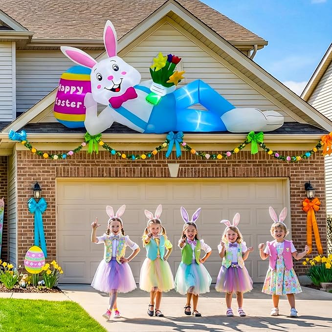OurWarm 8FT Easter Inflatables Outdoor Decorations, Lying Inflatable Easter Bunny Decor with Egg, Easter Blow Up Yard Decorations with LED Lights, Easter Blow Ups for Outside Roof Lawn Yard Decor