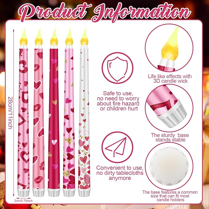5 Pcs Valentines Day LED Flameless Candle Set Valentine Day Flameless Taper Candles with Heart Battery Operated Seasonal Celebration with Remote for Wedding Romantic Night