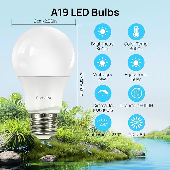 Consciot A19 LED Light Bulbs Dimmable,60W Equivalent,3000K Warm White,9W 800 Lumens,E26 Standard Base,UL Listed,Lighting for Bedroom Living Room Home Office,12 Packs