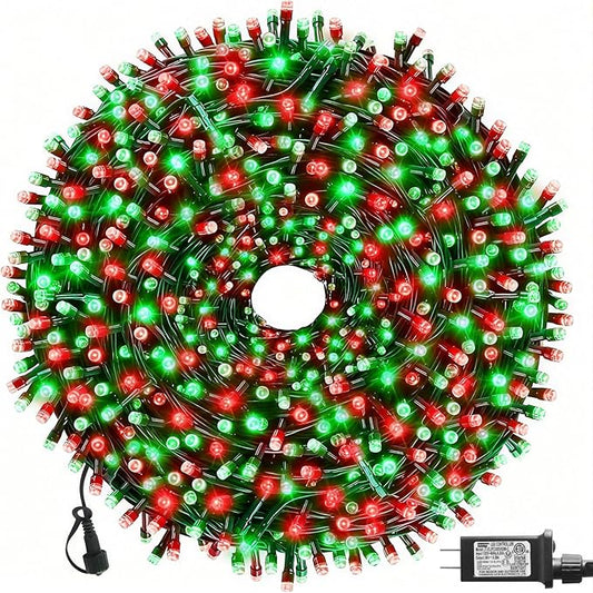 105FT 300 LEDs Red Green Christmas Lights Outdoor Indoor, Christmas Tree Lights Party Decorations, 8 Lighting Modes with Timer & Memory Function