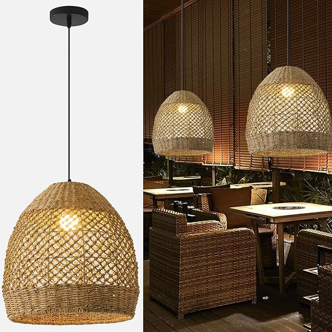 Rattan Pendant Light 13.77" Rustic Hand-Woven Wicker Hanging Light 1-Light Water Plants Rattan Chandelier for Dining Living Bedroom Kitchen Farmhouse