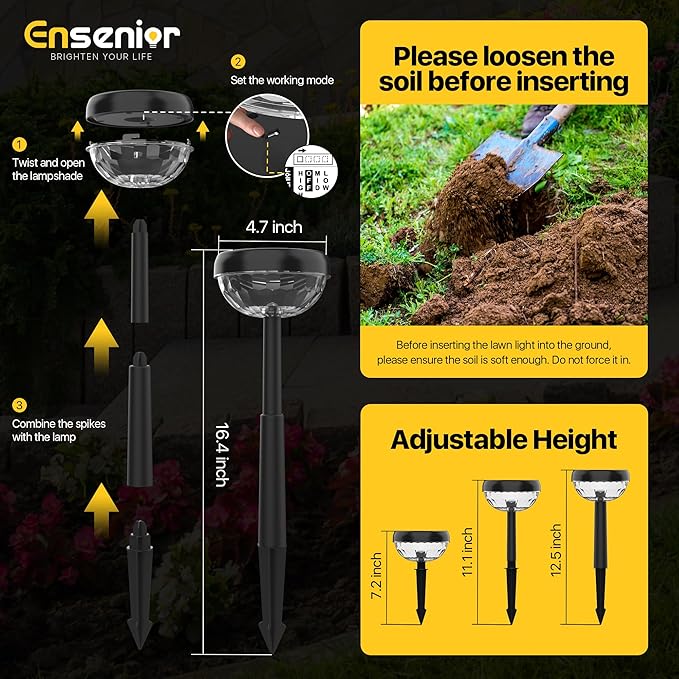 Ensenior 6-Pack Solar Lights Outdoor, Auto ON/Off 3000K LED Solar Garden Lights for Pathway, Yard, Patio, Walkway, Flower Bed, Waterproof, Energy-Efficient Landscape Lighting, Adjustable Height