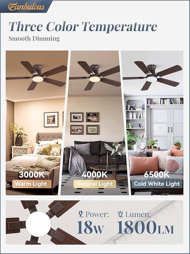 Fanbulous 42 inch ceiling fan with light, Low Profile Ceiling Fan with Light, App&Remote Control, Dimmable LED Light, Flush Mount Ceiling Fan for Indoor Bedroom Living Room, Qiuet DC Motor