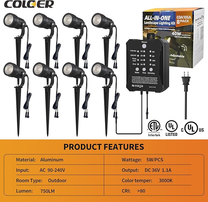 COLOER All-in-One Low Voltage Landscape Lighting Kit, 8 Pack 5W Landscape Lights with Transformer and Connectors, IP65 Waterproof Outdoor Spot Lights for Pathway Yard Garde