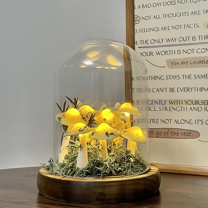 Mushroom Lamp, Decor LED Light in Glass Dome with Base for Home Bedroom Decor Birthday with Birthday Valentines Anniversaries Gifts Box (Yellow)
