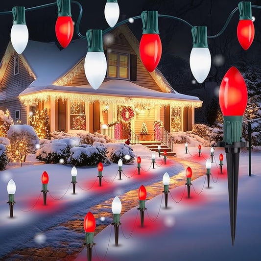 Brightown Frosted C9 LED Christmas Lights Outdoor, 2 Packs Total 51.4Ft 40 LED Bulbs Christmas Pathway Lights, Christmas Decorations Outside Driveway Waterproof Walkway Sidewalk, Red and White