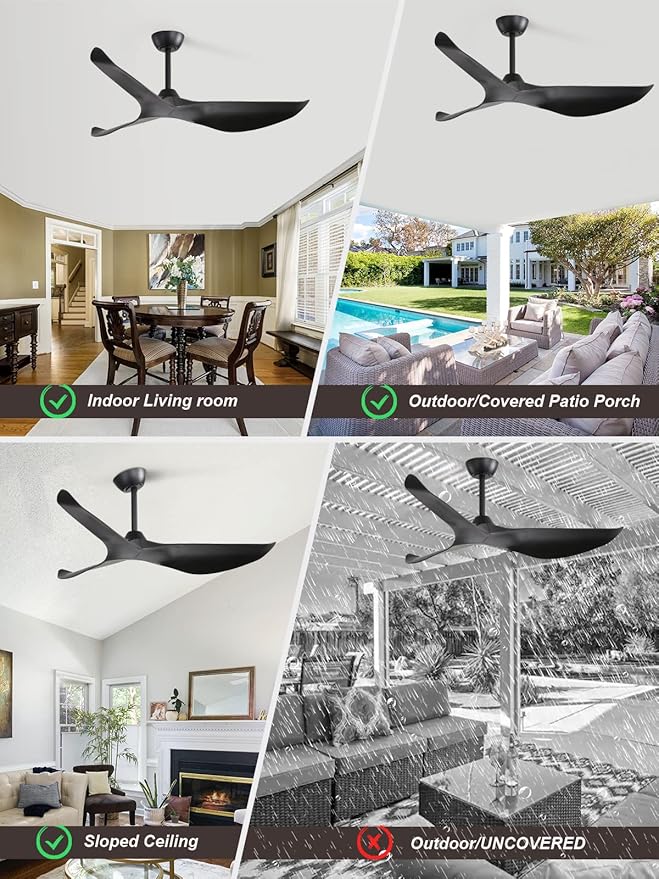 Sofucor Ceiling Fan no Lights, 52 Inch Mordern Black Ceiling Fan Without Light with Remote for Indoor Farmhouse Bedroom Living Room Outdoor Patio Porch, Reversible DC Motor