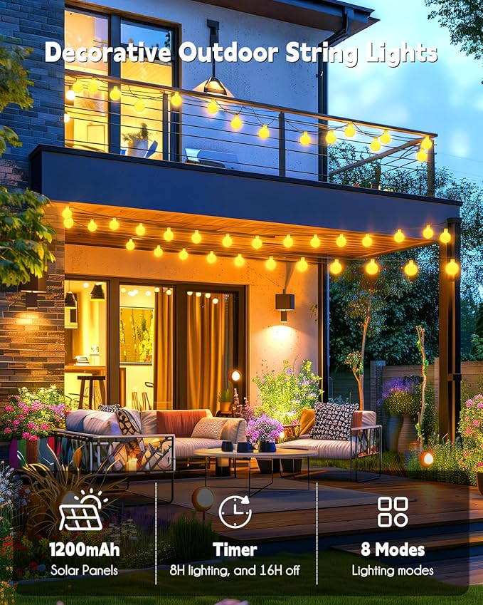 Brightown Solar String Lights Outdoor Waterproof, 19.6Ft 60 LED Globe Solar Patio Lights, 8 Modes Balcony Lights for Yard Patio Tree Canopy Party Camping Balcony