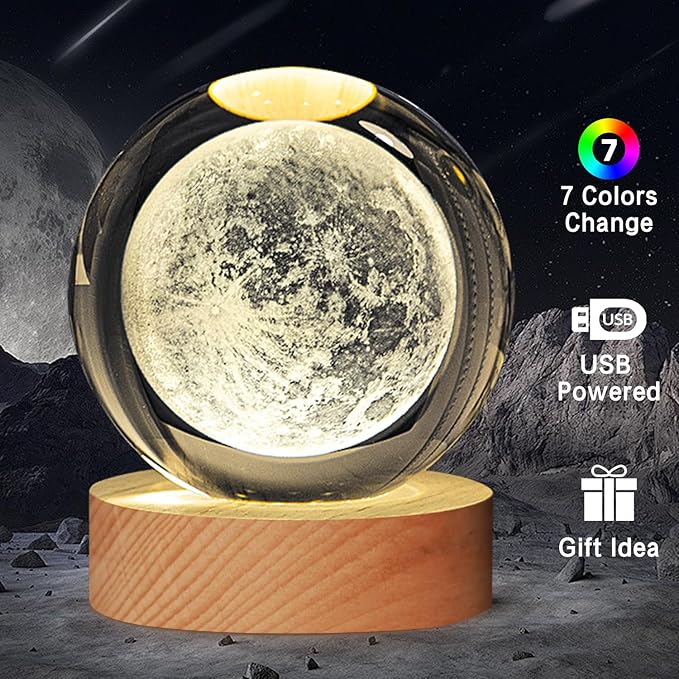 3D Solar System Crystal Ball Lamp, Large Galaxy Night Light With 7 Color Change, Space Bedroom Decor, Christmas and Birthday Gift for Kids, Boys, Girls (Moon)