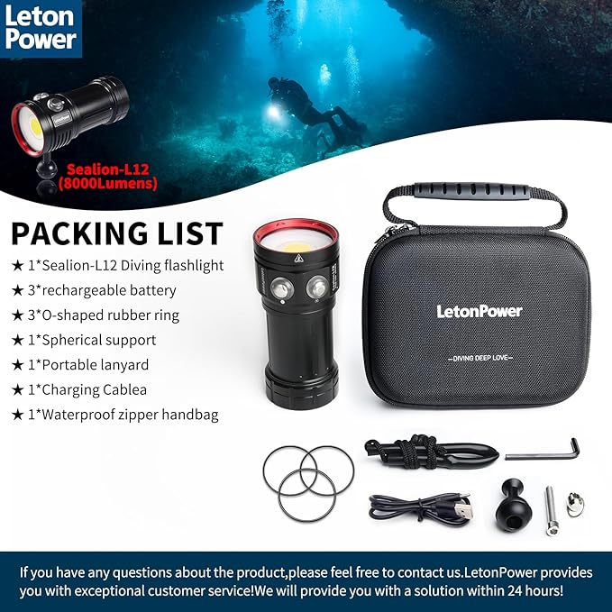 Diving Flashlight, L12 8000Lumens Dive Light,100m Underwater Video Light, Scuba Dive Lights, Underwater Flashlight with Type-C Charging for Professional Under Water Sports
