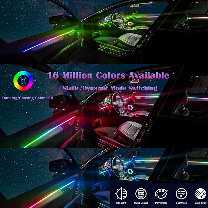 Dreamcolor Acrylic Interior Car LED Strip Light, RGB 6 in 1 Fiber Optic Ambient Lighting Kits, 16 Million Colors Sound Active Function Car Neon Lights with Wireless APP