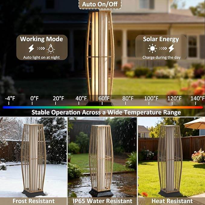 Rattan Outdoor Floor Lamp Set of 2, Boho Solar Porch Lights Outdoor Waterproof for Patio, Garden, Balcony & Deck, Natural (Vertical)
