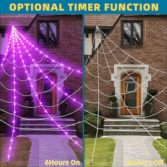 ININ Halloween 200" Spider Web Light Decorations Outdoor/Indoor with 250 LED Lights,Scary Party Decorations,Giant Light Up Spider Web,Halloween Decor for Yard/Lawn/Garden(Purple)