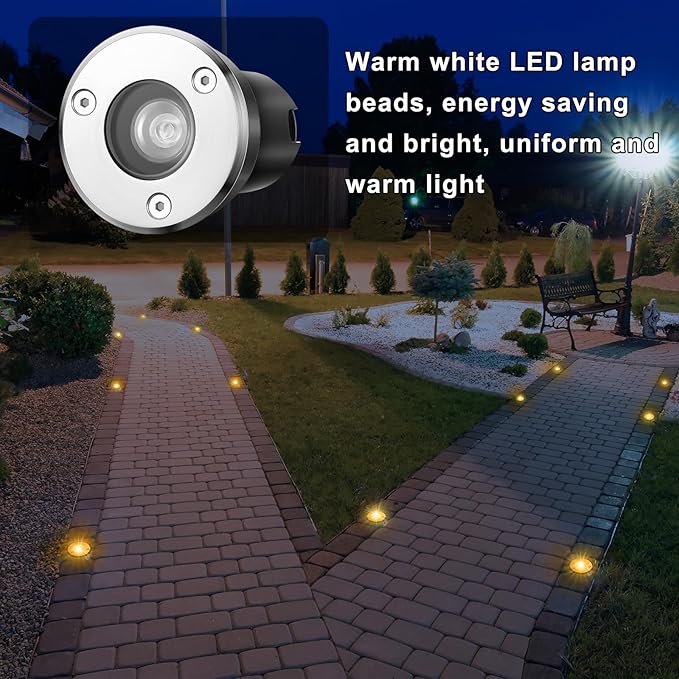 Retisee 6 Pcs 1W LED Well Lights Low Voltage Landscape Lighting with 16 Connectors, 12-24V Outdoor Inground Lights IP67 Waterproof Warm White for Sidewalk Paver Garden Step Lawn