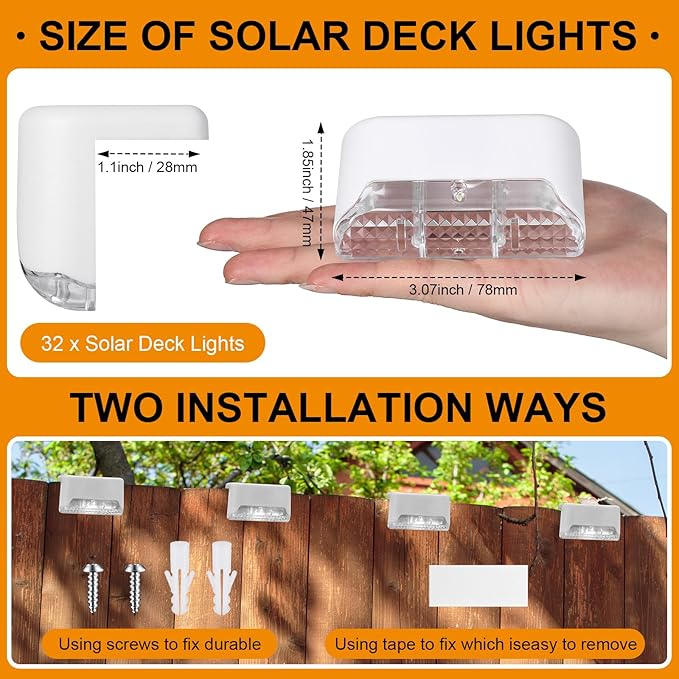 Geelin 32 Pcs Solar Deck Lights Outdoor, Waterproof LED Solar Step Fence Lights for Stairs, Step, Railing, Patio, Driveway, Garden, Pathway and Yard(White Shell Multicolor Light)