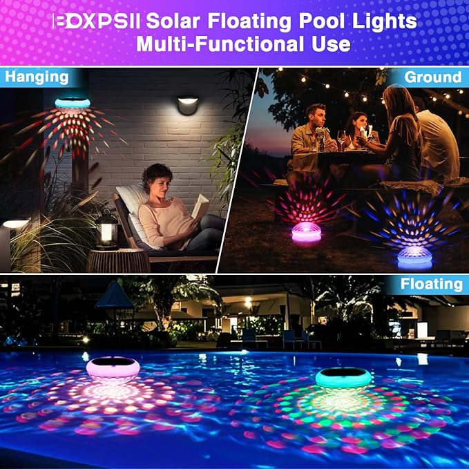 Solar Floating Pool Lights(4 PCS), USB Rechargeable Pool Lights, 2600mAh 6.7" IP68 Waterproof Pool Lights that Float with Remote, RGB 13 Colors Upper and Lower Glow Hangable Floating Light