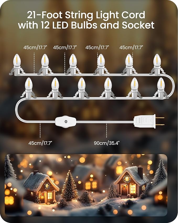 Christmas Village Lights, Decoration String Lights 21Ft with 12 C7 LED Bulbs, Warm White, with Socket and Switch, for Christmas Snow House, Pumpkin Crafts, Holiday Decoration W02VL05
