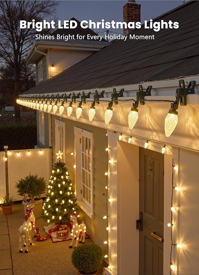 C9 68Ft Led Christmas String Lights 100 LED with Quick Clips Outdoor Waterproof Strawberry Lights, Commercial Grade Extendable for Indoor Outside Roofline Patio Home Xmas Decoration, Warm White