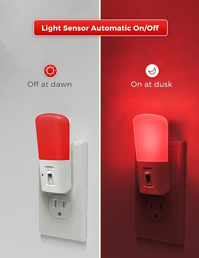 L LOHAS LED Red Night Light Plug in, Dimmable Light LED Night Lights with Dusk to Dawn Sensor, 5-80LM Adjustable Brightness Red Light for Nursery Kids Room Hallway Kitchen, Christmas Gift 2 Pack