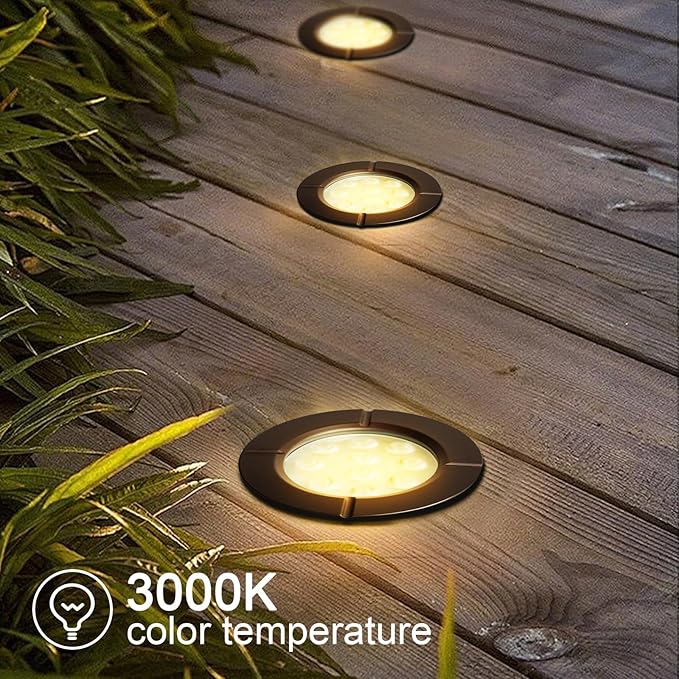 LED Well Lights, 6W 580LM, Warm White (3000K), 12-24V Outdoor In-ground Lights with Wire Connectors, IP65 Waterproof Low Voltage Lighting for Pathway Driveway Deck, ETL Certified, 4-Pack