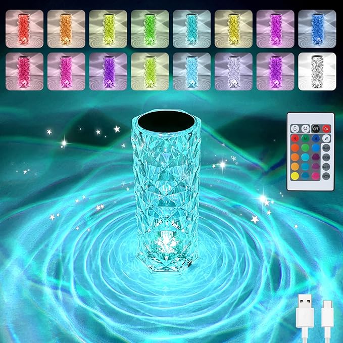 Crystal Table Lamp, Remote and Touch Control Rose Wave Lamp, RGB Color Changing Night Light, Dimmable, USB Rechargeable Decoration Ambient Lighting for Dinner/Bars/Game room/Living Room/Bedroom