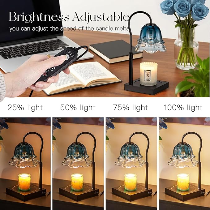 Candle Warmer Lamp with Timer: Navy Blue Flower Candle Warming Lamp with 2 Bulbs Height Adjustable Wax Warmer Dimmable Bedroom Decor Mothers Day Birthday Gift for Women