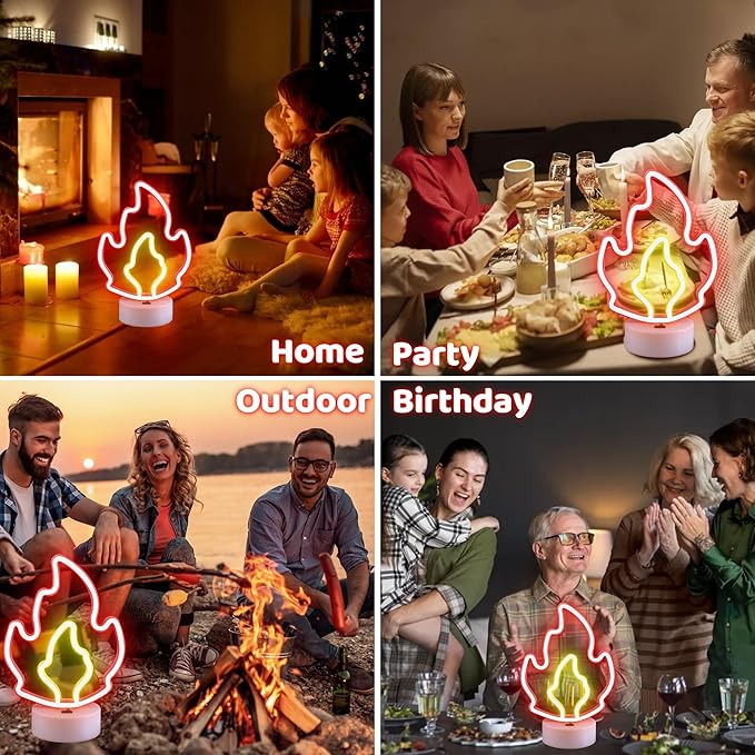 Fire Flame Neon Sign with Base, LED Fire Neon Lights for Room Decor, USB & Battery Powered Table Lamp Flame Led Light Sign for Home, Bedroom, Party, Birthday, Christmas Decor, Kids Gift
