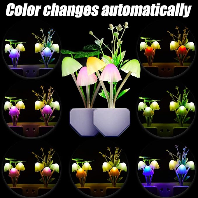 Mudder 6 Pack Mushroom Night Light LED Night Light Plug in Lamp 7 Color Changing Magic Cute Shaped Lamp Wall Decor for Adults Bathroom Home(Water Plants, Lotus Leaves)