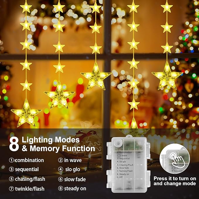 GLOONITY Decorative String Lights for Celebrating Birthdays, Easter, Christmas, Halloween, Indoor Light Fixtures, 46Leds Waterproof Star Curtain Lights Battery Operated, Warm White LED Lamps