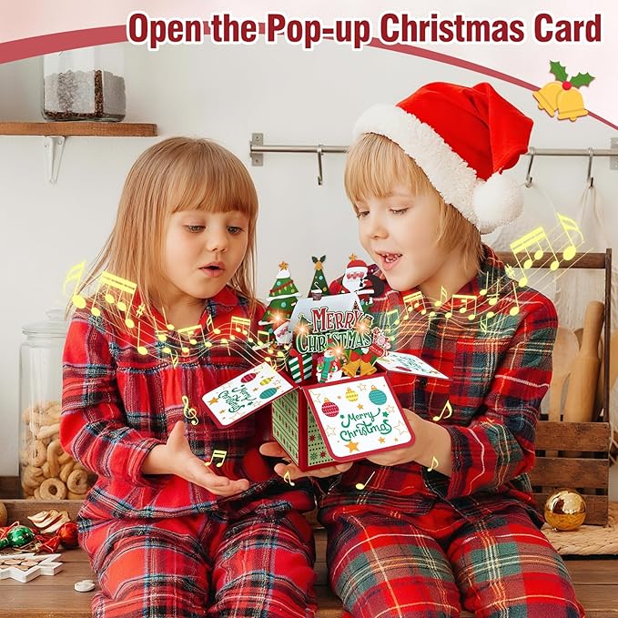 FaCraft Musical Christmas Cards, with Lights and Music, Handmade 3D Light Up Merry Christmas Card Gift, with Envelope, Blank Insert and Seal, for Winter, Holidays, New Year (Santa)