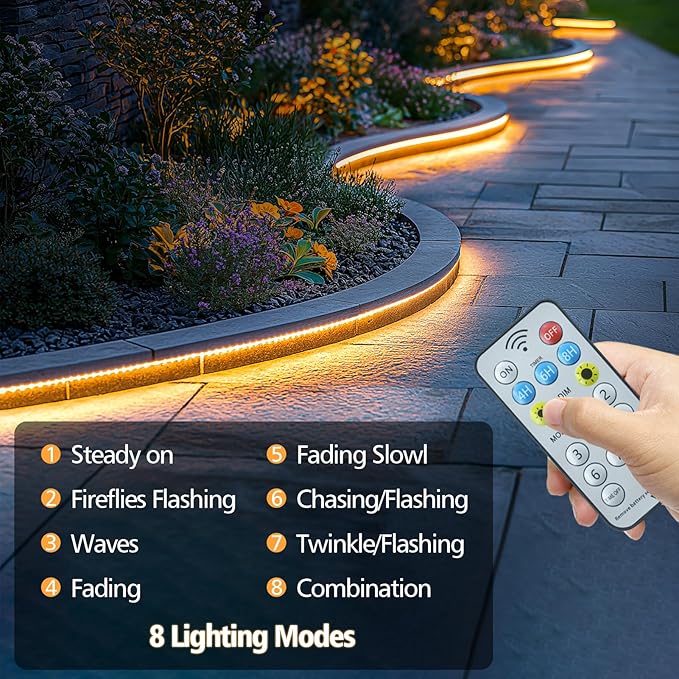 Solar Strip Lights Outdoor, 33Ft 640 LED Waterproof Strip Lights with Remote Timer Dimmable Outside Strip Light for Garden Yard Party Decor (No Adhesive)