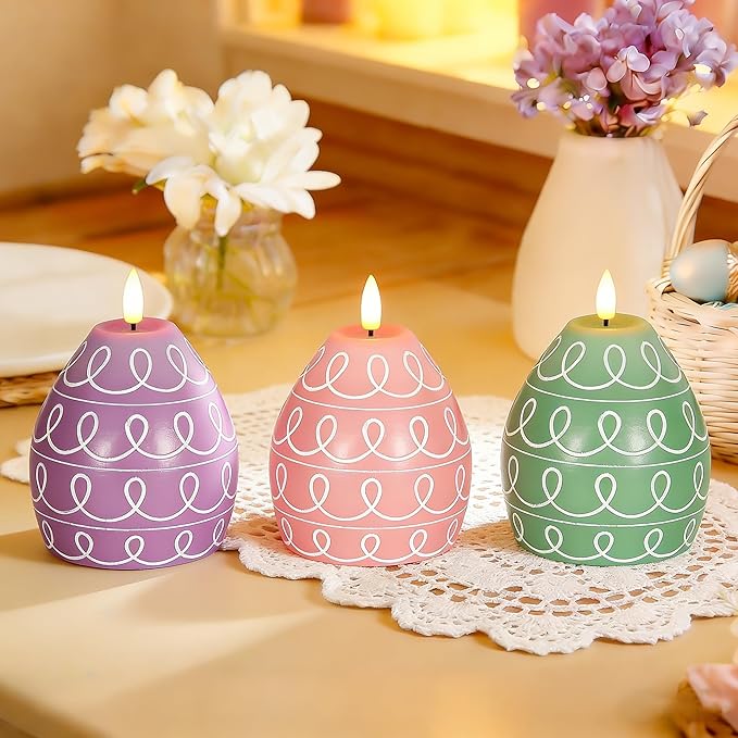 Leorate 3PCS Easter Egg Flameless Candles – 5.2" Battery Operated LED Egg Candles with White Wave Pattern, Green Purple Pink Real Wax Finish, Flickering Flame for Easter Table Centerpiece Spring Home