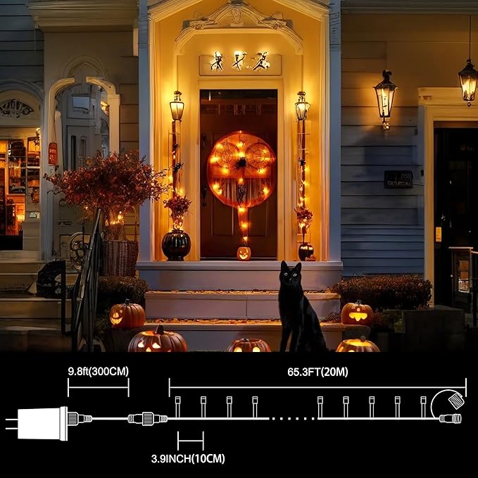 LAMPHOME 66FT Halloween Decorative Mini Lights, 200 LED Green Wire Fairy Starry String Lights Plug in, 11 Lighting Modes, for Halloween Decoration Outdoor Xmas Tree Party Decoration (Orange)
