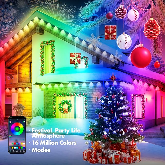 100ft Permanent Outdoor Lights with 4 Control Methods, RGB Smart Plus Outside Year Round Led Lights for Home, Roof, Balcony, 72 Led Bulbs/IP6 Waterproof/Work with Google Assistant/Alexa