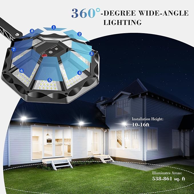 Solar Lights Outdoor, Motion Sensor & Dusk to Dawn Flood Lights, 168LED 6500K 8 Sides 360°Wide Angle, IP66 Waterproof with Remote, for Yard/Garden/Pool/Fence (2 Pack)