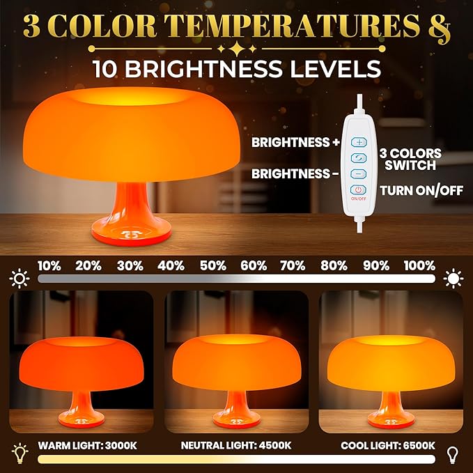 Orange Mushroom Lamp for Bedroom – Aesthetic Vintage Mushroom Lamps with 3 Lighting Colors & 10 Brightness – USB Powered Nightstand Retro Lamp for Reading Room, Office, Dorm | ABS + PVC Build