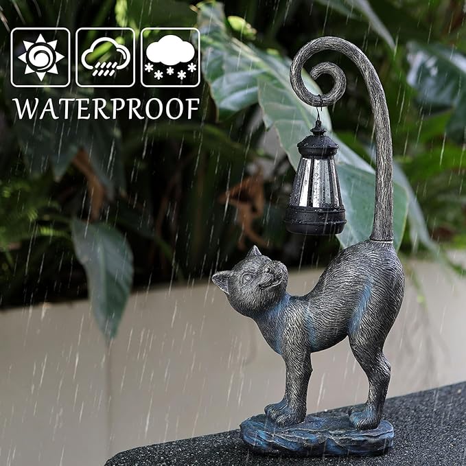 Outdoor Spring Decorations Gifts Cat Garden Statues with Solar Lights, Home Decor Cat Figurines for Lawn,Patio,Balcony,Porch,Yard Art Ornament- Birthday Gifts for Women Grandma Sister