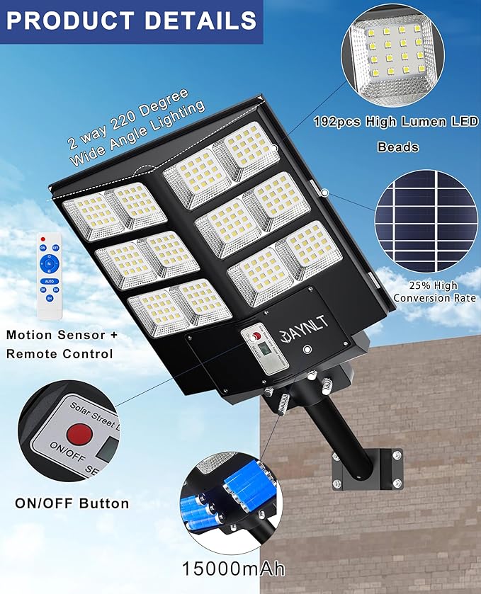 JAYNLT Y-2000W Solar Street Light, 200000LM 6500K Outdoor Dusk to Dawn, IP67 Waterproof Solar Security Light with Motion Sensor and Remote Control for Garage, Road