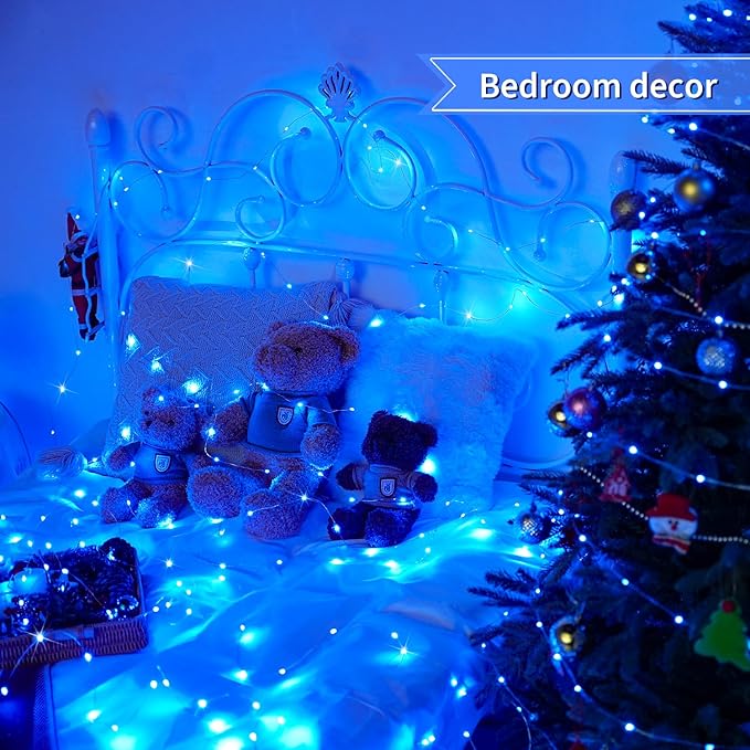 JMEXSUSS 2 Pack Fairy Lights Battery Operated, Total 200 LED 66ft Blue String Lights Waterproof with Remote Timer, Blue Christmas Lights for Bedroom Indoor Outdoor Wedding Party Xmas Tree Decor