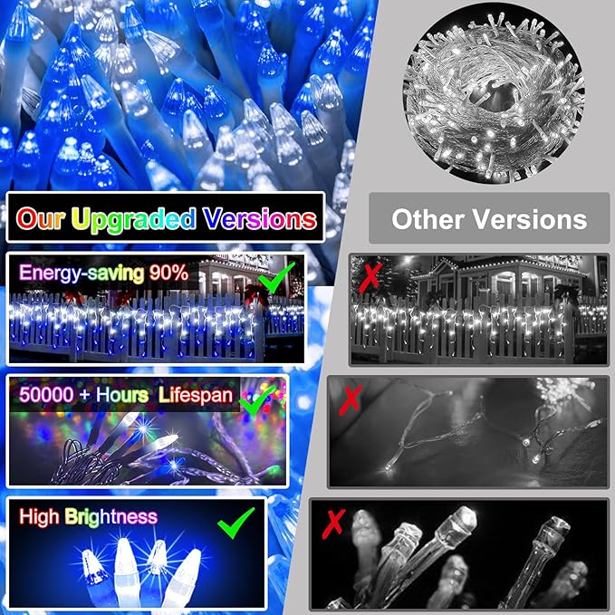 82ft 792 LED 176 Drops Christmas Lights, Outdoor Hanging lights 8 Modes and Timer Memory, Outside Waterproof Curtain String Lights for House Fence Tree Holiday Party Decorations (Blue & White)