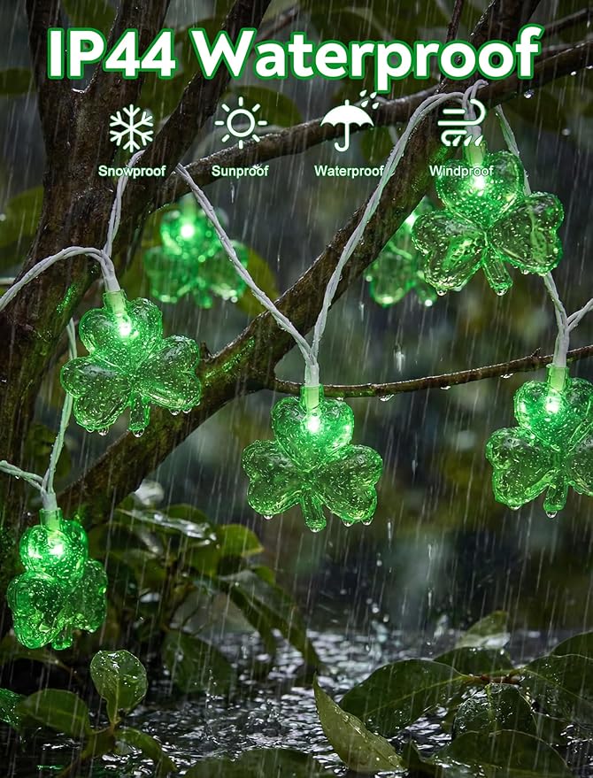 Outdoor St. Patrick's Day String Lights, 8.5Ft St. Patrick Decoration Lights with 10 Clover Lights, Plug in Shamrocks Lights Indoor for Garden Bedroom Birthday, Green Clover Decor