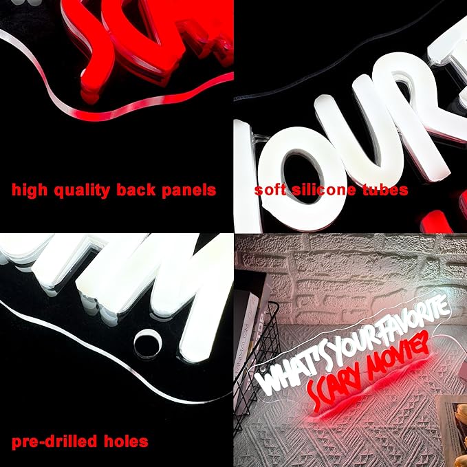 Symone What'S Your Favorite Scary Movie Neon Sign, Gothic Neon Light USB Powered Dimmable LED Halloween Neon Signs for Wall Decor, for Movie Room Party Terrifying Interior Decor(15.7 * 5.1 In)