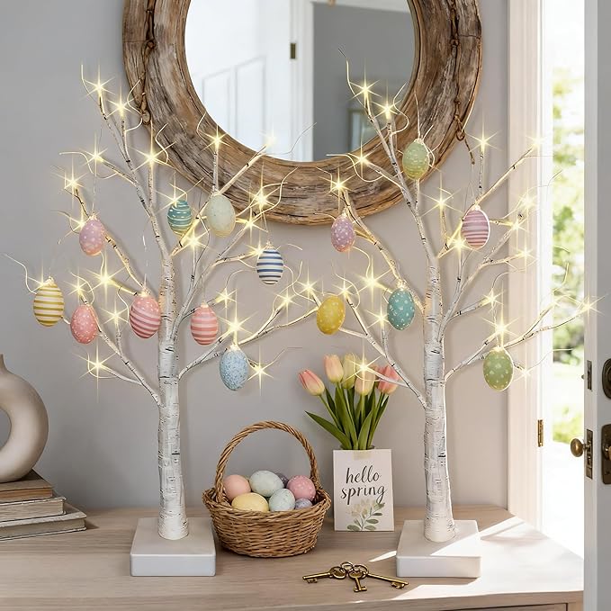 2-Pack Lighted Easter Spring Mothers Day Christmas Tree Decorations Indoor, 2ft Birch Tree with LED Lights, Small Tabletop Patriotic Valentines Day Tree with Lights,Battery- Powered