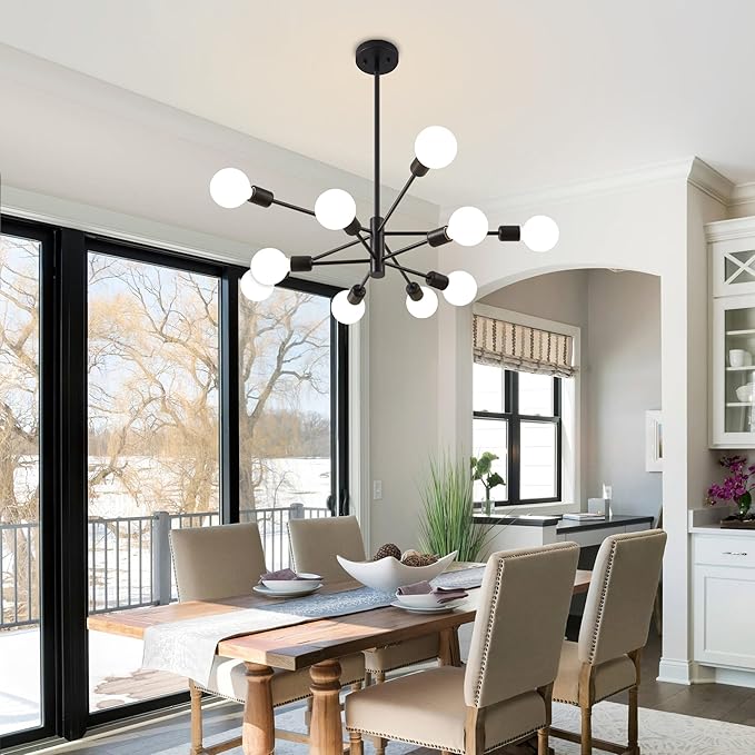 Sputnik Chandelier, Black Modern Chandeliers, Mid Century Ceiling Lighting Fixture for Living Room, Kitchen, Bedroom, Dining Room, Farmhouse (10-Light)