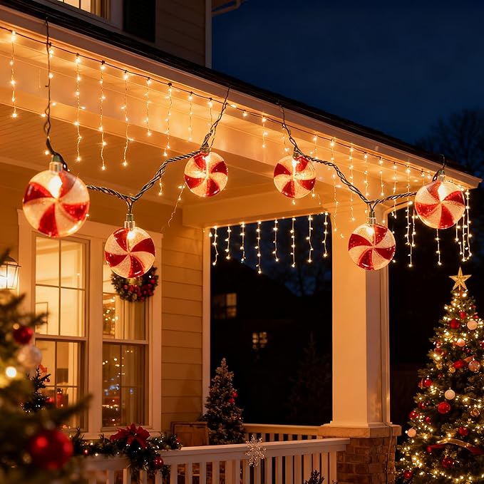8.5Ft Christmas Candy Light, Christmas Decorations String Lights with 10 Red White Peppermint Bulbs, Plug in Fairy Lights for Indoor Party Kid's Room Xmas Tree Patio Bedroom Garden Decor