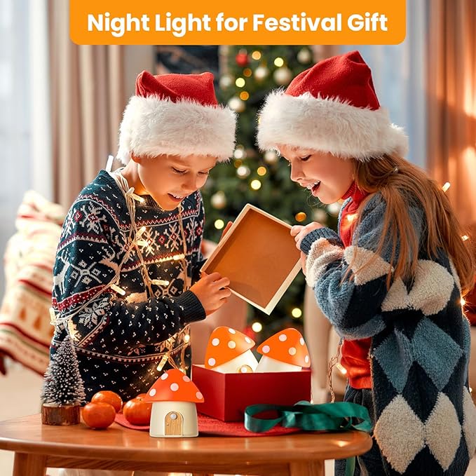 Cute Mushroom Lamp, Rechargeable Stair Lights, Motion Sensor Light Indoor, 3 Color Temperatures, Adjustable Brightness, Magnetic Nightlight for Hallway, Kitchen, Kids Gift, Orange
